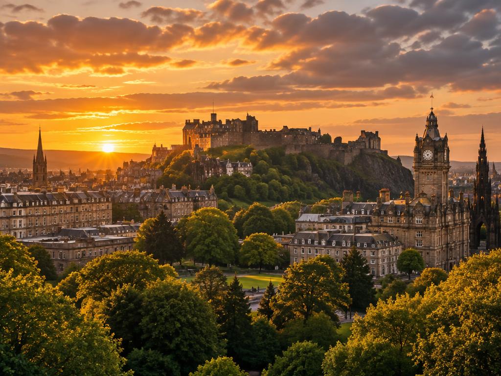 Castelo de Edimburgo, na Escócia, ao pôr do sol