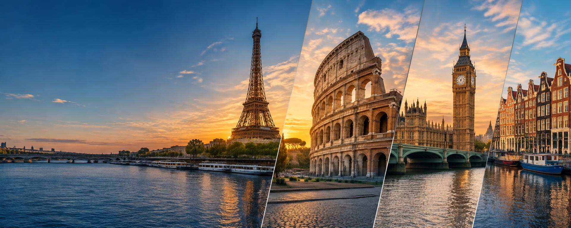 Composição de Paris, Roma, Londres e Amsterdã ao entardecer