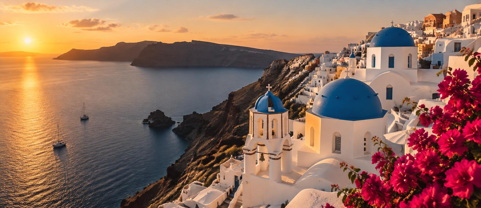 Oia, em Santorini, ao pôr do sol, com cúpulas azuis e buganvílias